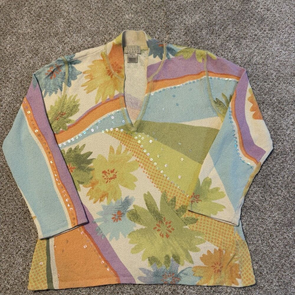 Pastel Artsy Grandmacore Boho Vintage Sigrid Olsen Floral Sequin Sweater Med PS